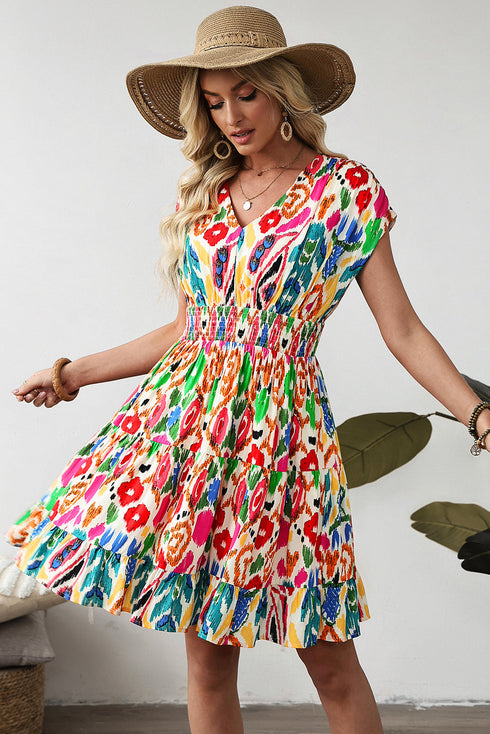 Bohemian Abstract Print V Neck Smocked Waist Tiered Ruffle Mini Dress